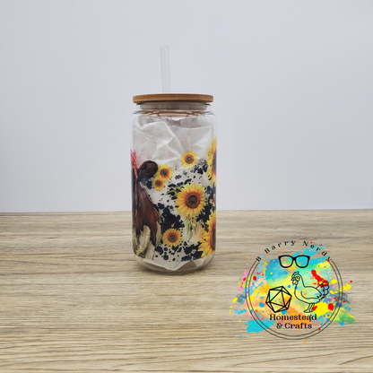 Red Bandana Cow in Sunflowers, 16oz Sublimated Glass Can