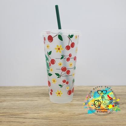 Cherries with Flowers, 24oz Starbucks Cold Cup with Straw