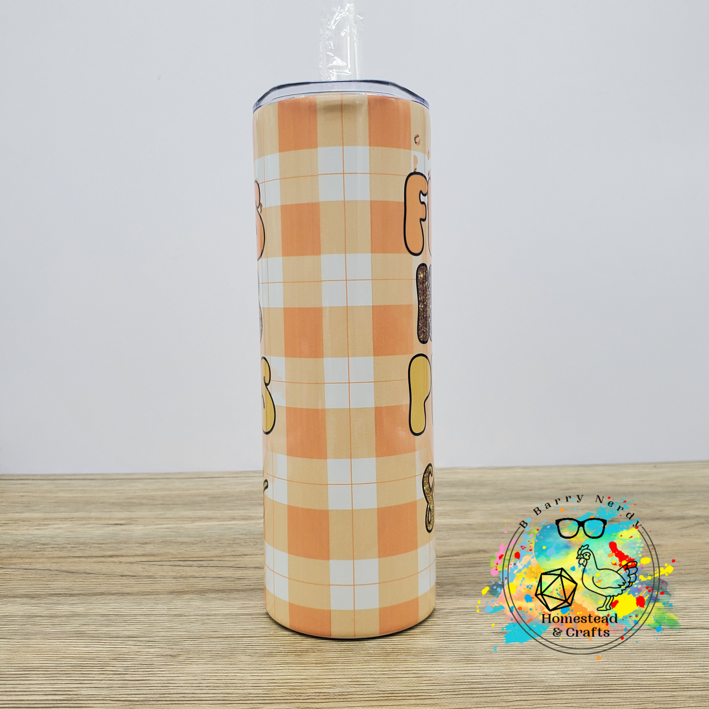 Flannel, Hayrides and Pumpkins with Checkerboard Background, 20 oz Sublimated Steel Tumbler