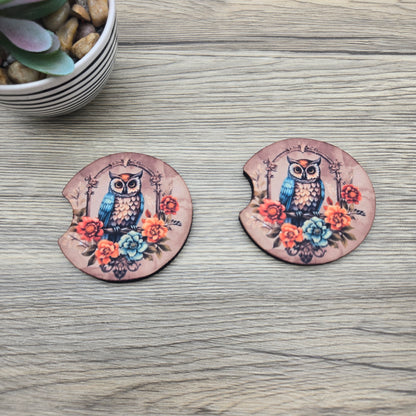 Regal Owl with Flowers, Set of 2 Neoprene Car Coasters