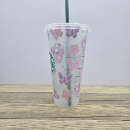 Spring Disco Hearts, Butterflies and Flowers Cup, Starbucks Cold Cup with Straw