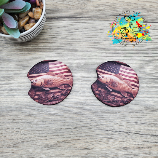 Wooden Fish with Flag, Set of 2 Neoprene Car Coasters