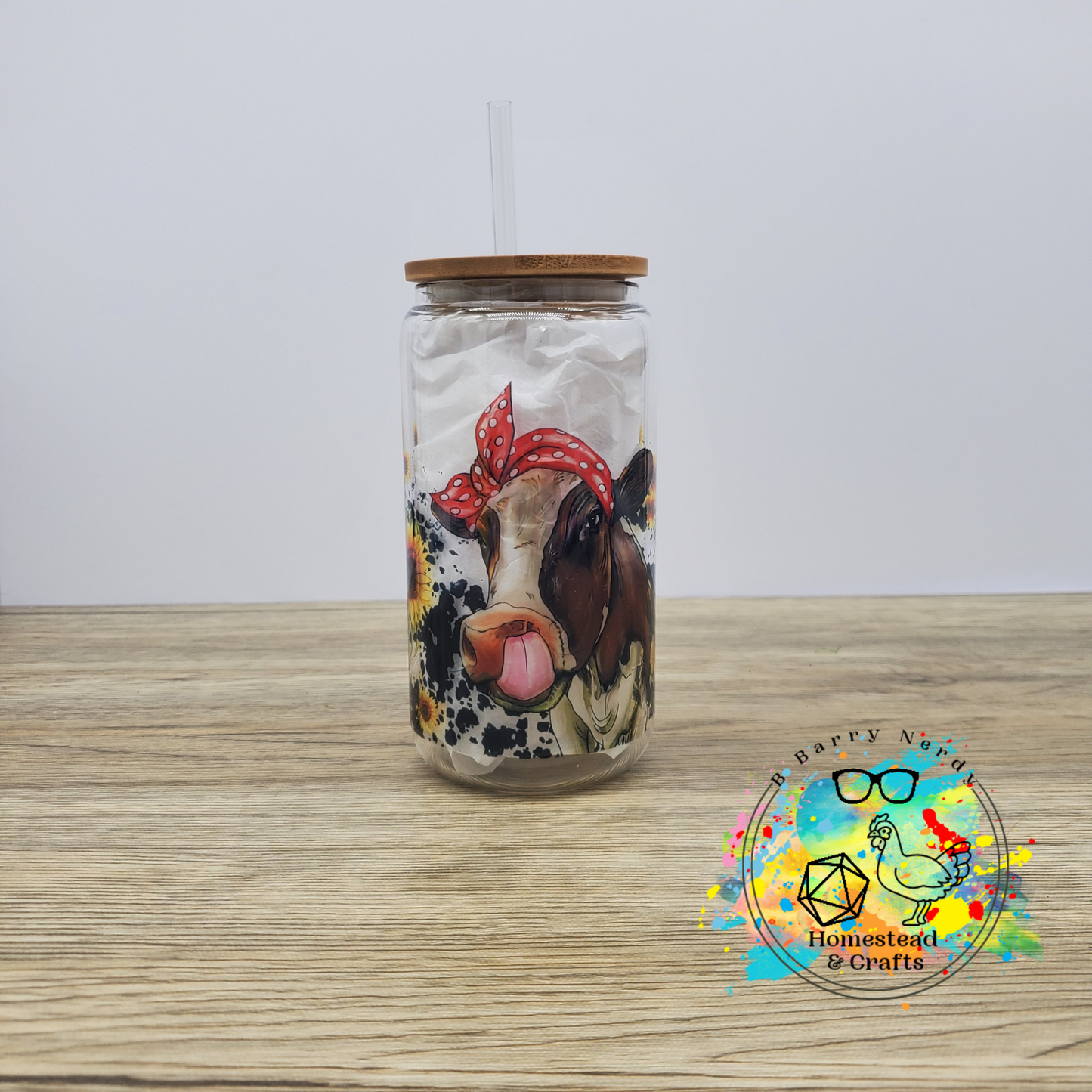 Red Bandana Cow in Sunflowers, 16oz Sublimated Glass Can