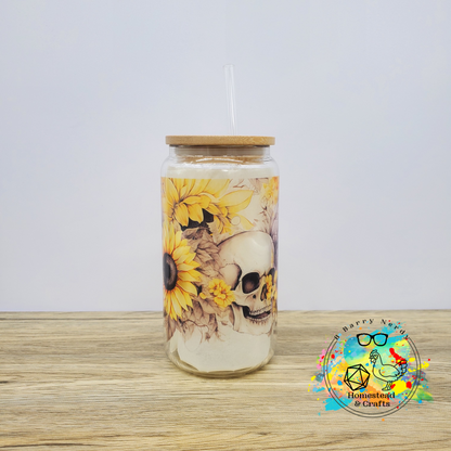 Skulls and Sunflowers, 16oz Sublimated Glass Can