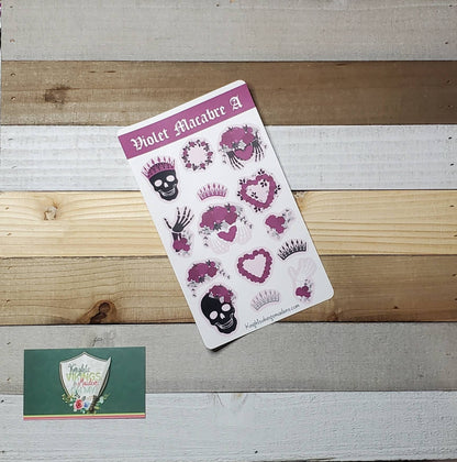 Violet Skulls Sticker Sheet, Day of the Dead, Crowns, Floral, Macabre, Bullet Journal, Planning Stickers, Teen, Tween Stickers