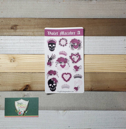 Violet Skulls Sticker Sheet, Day of the Dead, Crowns, Floral, Macabre, Bullet Journal, Planning Stickers, Teen, Tween Stickers