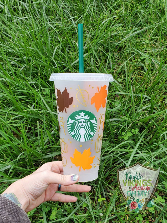 Pumpkins and Leaves, Starbucks Cold Cup with Straw