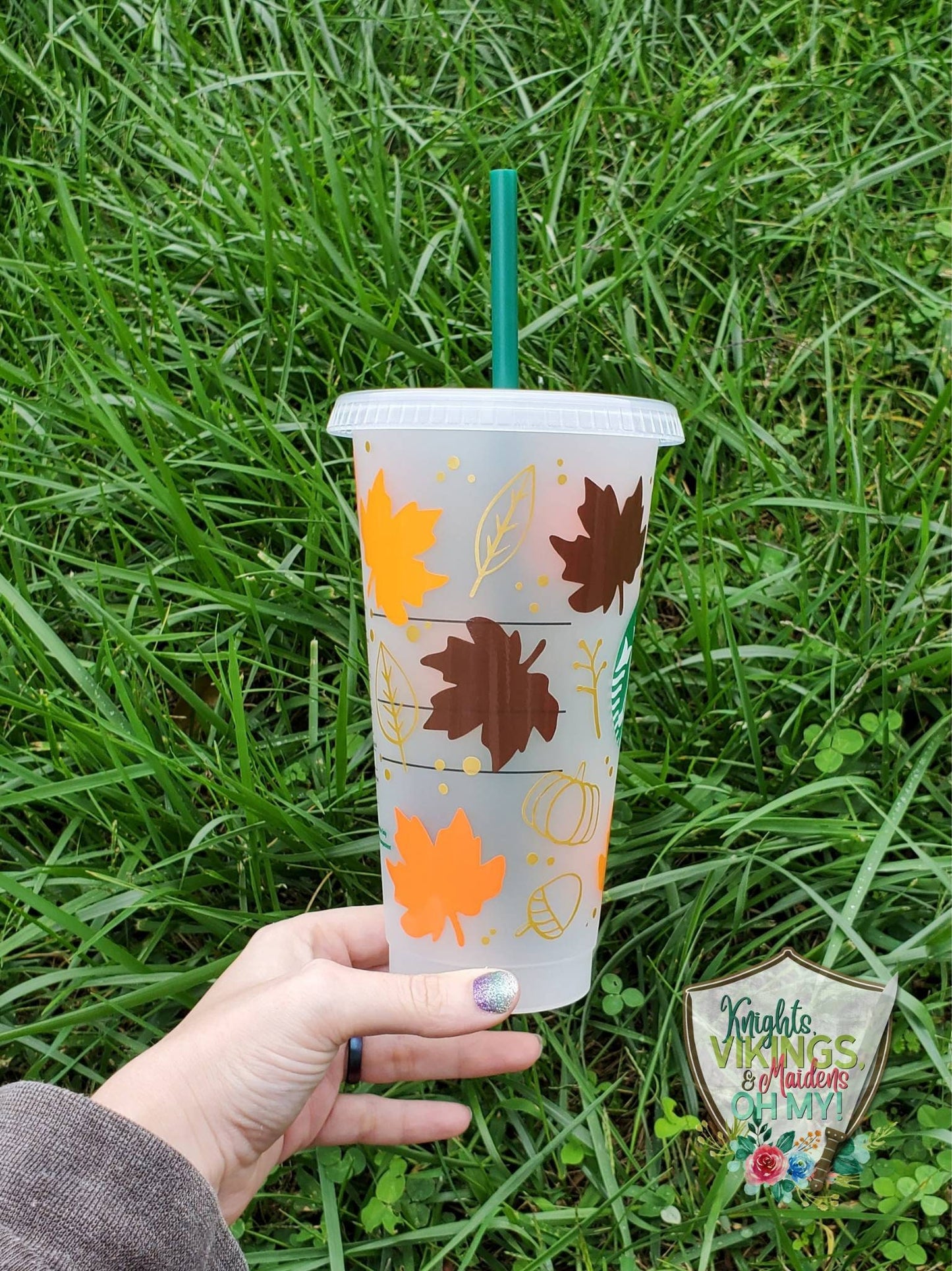 Pumpkins and Leaves, Starbucks Cold Cup with Straw