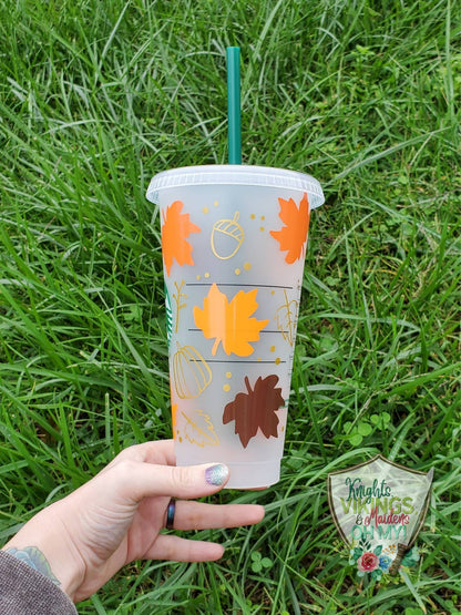 Pumpkins and Leaves, Starbucks Cold Cup with Straw