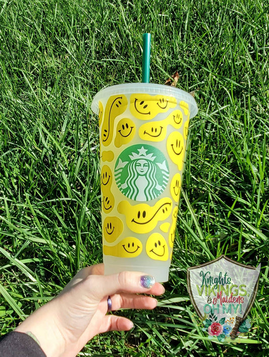 Bright Yellow Happy Face, Starbucks Cold Cup with Straw