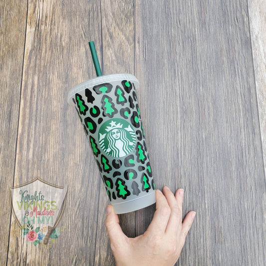 Leopard Christmas Tree Cup, Starbucks Cold Cup with Straw