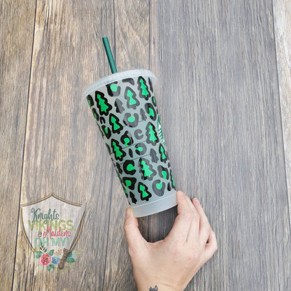 Leopard Christmas Tree Cup, Starbucks Cold Cup with Straw