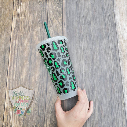 Leopard Christmas Tree Cup, Starbucks Cold Cup with Straw