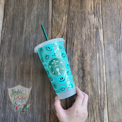 Aqua Happy Face, Starbucks Cold Cup with Straw,