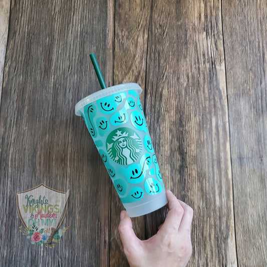 Aqua Happy Face, Starbucks Cold Cup with Straw,