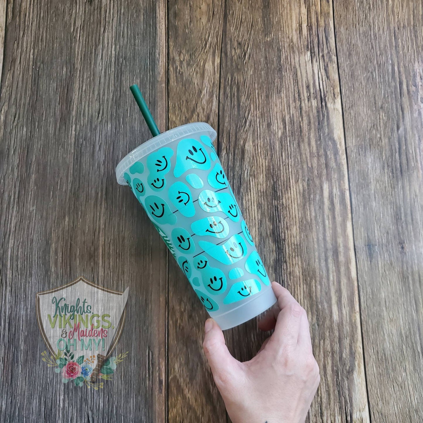 Aqua Happy Face, Starbucks Cold Cup with Straw,