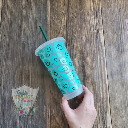 Aqua Happy Face, Starbucks Cold Cup with Straw,