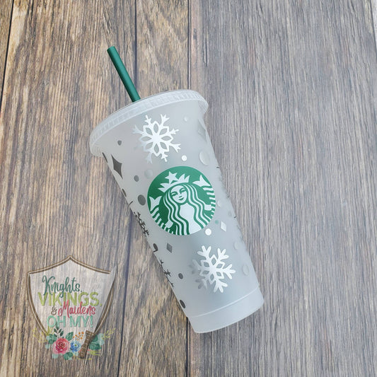 Silver Snowflake Cup, Starbucks Cold Cup with Straw