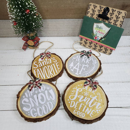 Round Wood Slice Ornament, Your Choice of 1 or a Set, Snowflakes, Merry Christmas, Rustic Farmhouse Christmas, Christmas Tree Ornaments