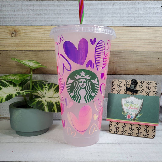 Pink Holographic Hearts Cup, Starbucks Cold Cup with Straw
