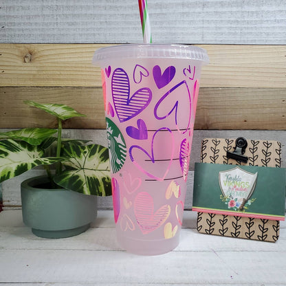 Pink Holographic Hearts Cup, Starbucks Cold Cup with Straw