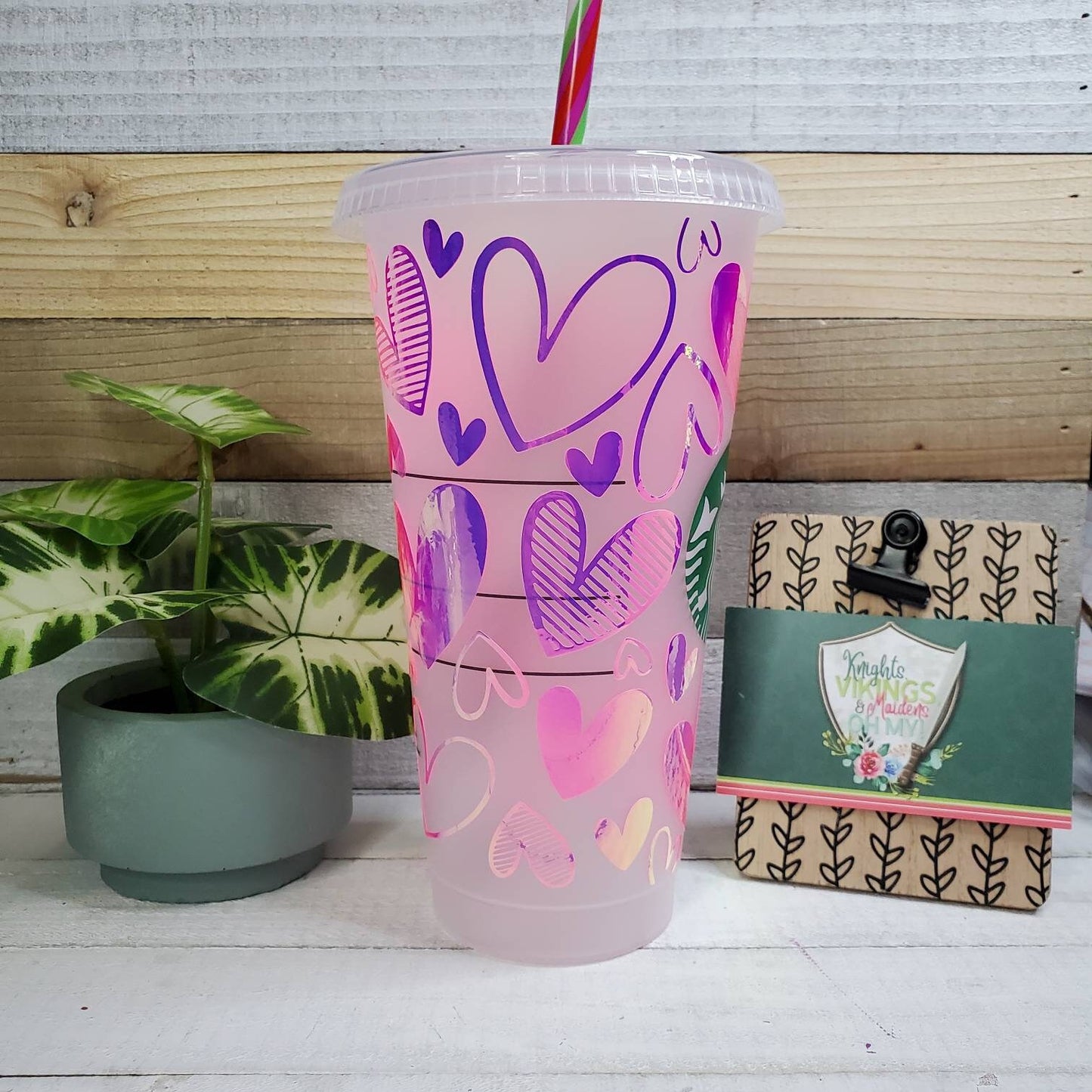 Pink Holographic Hearts Cup, Starbucks Cold Cup with Straw