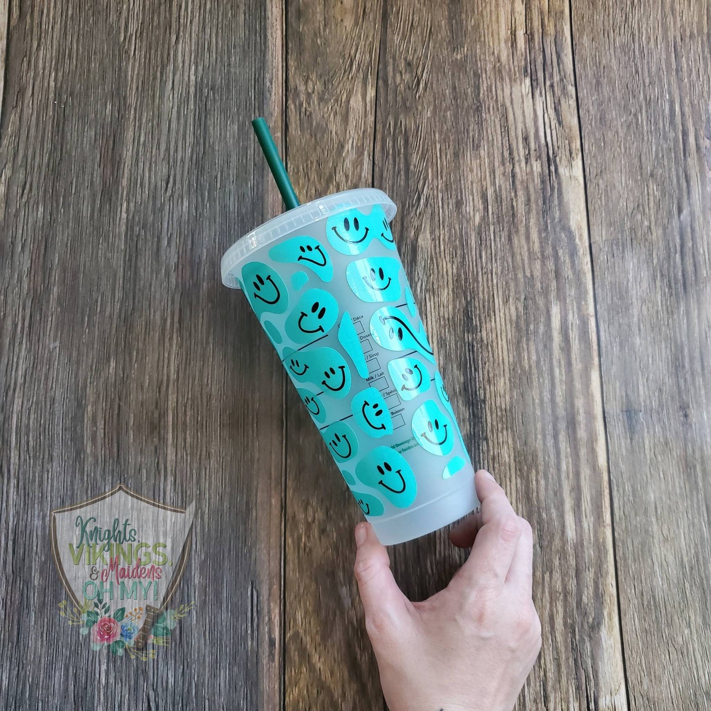 Aqua Happy Face, Starbucks Cold Cup with Straw,