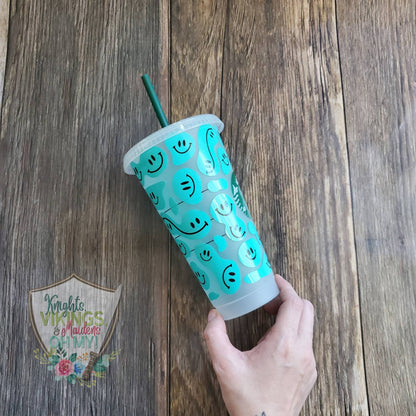 Aqua Happy Face, Starbucks Cold Cup with Straw,