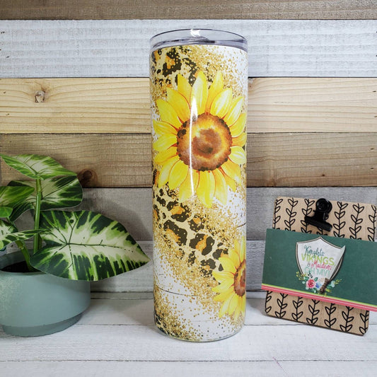 Sunflower and Cheetah, Leopard, No Glitter, 20oz Sublimated Steel Tumbler