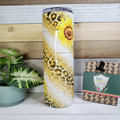 Sunflower and Cheetah, Leopard, No Glitter, 20oz Sublimated Steel Tumbler