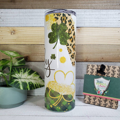 Lucky, Leopard, Gold, Shamrocks, 20oz Sublimated Steel Tumbler