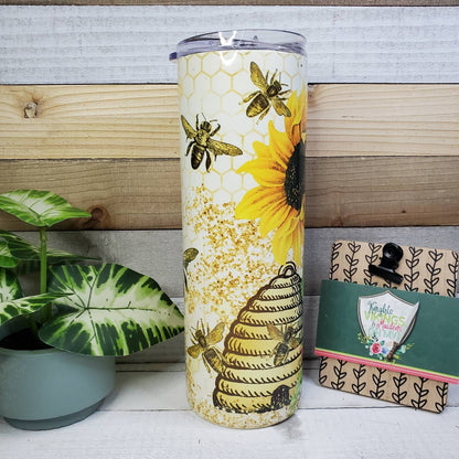 Sunflowers, Bees and Bee Hive, 20oz Sublimated Steel Tumbler