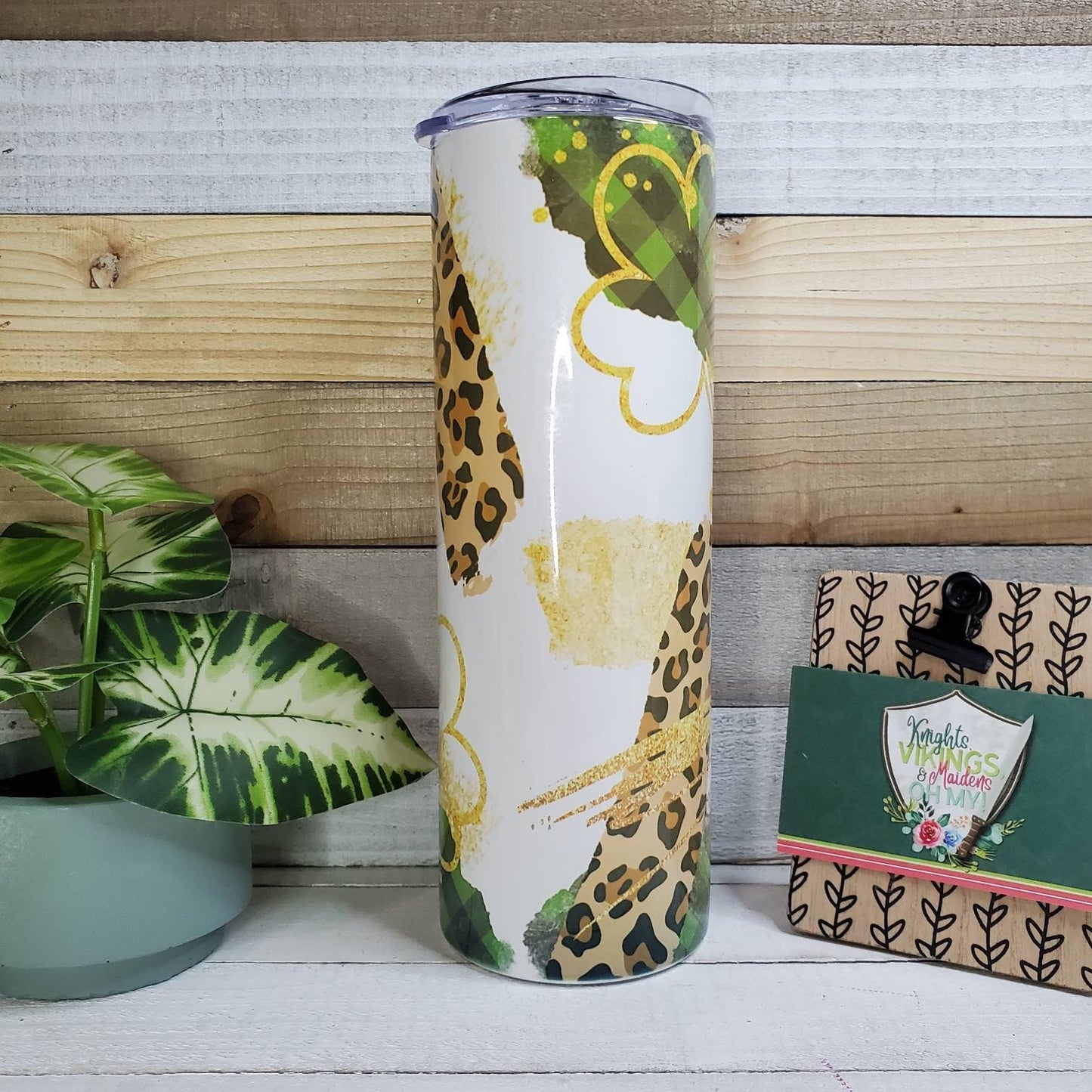 Lucky, Leopard, Gold, Shamrocks, 20oz Sublimated Steel Tumbler