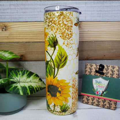 Sunflowers, Bees and Bee Hive, 20oz Sublimated Steel Tumbler