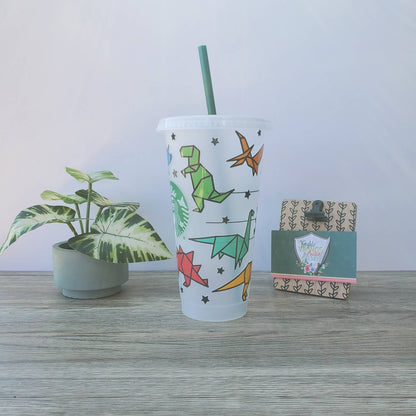 Origami Dinosaur Cup, Starbucks Cold Cup with Straw