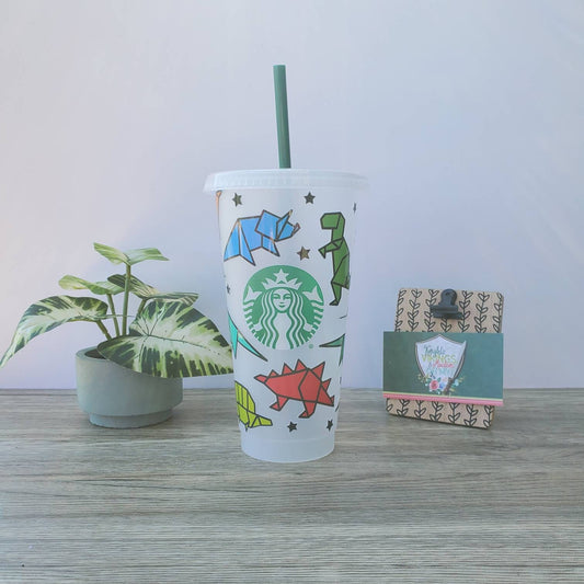 Origami Dinosaur Cup, Starbucks Cold Cup with Straw