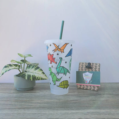 Origami Dinosaur Cup, Starbucks Cold Cup with Straw