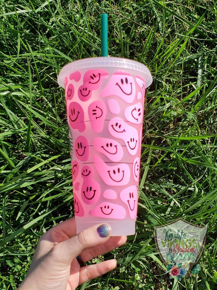 Hot Pink Happy Face, Starbucks Cold Cup with Straw