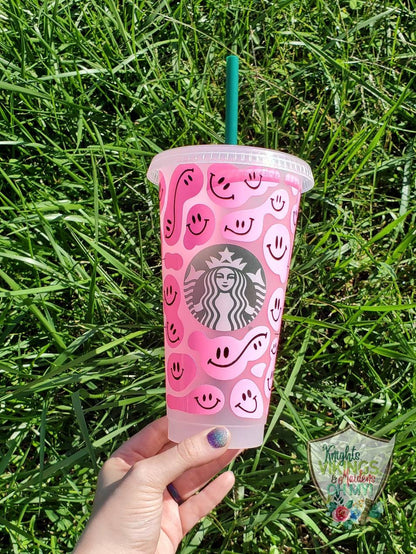 Hot Pink Happy Face, Starbucks Cold Cup with Straw