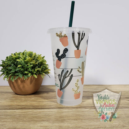 Cactus Pot Plant, Starbucks Cold Cup with Straw