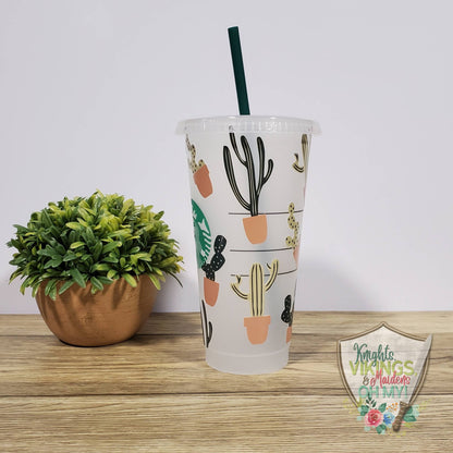 Cactus Pot Plant, Starbucks Cold Cup with Straw