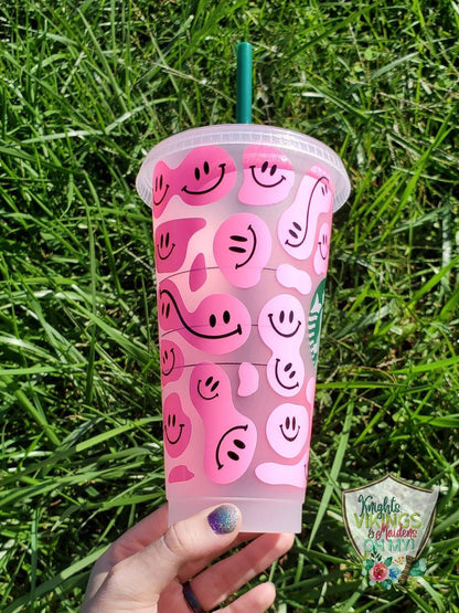 Hot Pink Happy Face, Starbucks Cold Cup with Straw