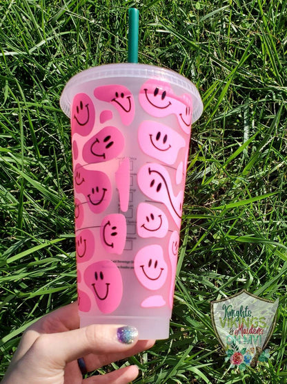 Hot Pink Happy Face, Starbucks Cold Cup with Straw