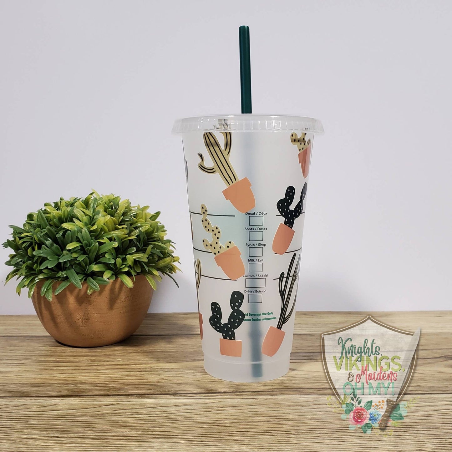 Cactus Pot Plant, Starbucks Cold Cup with Straw