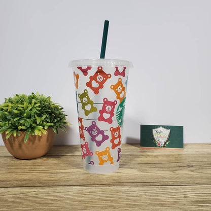 Multicolored Gummy Bear, Starbucks Cold Cup with a Straw